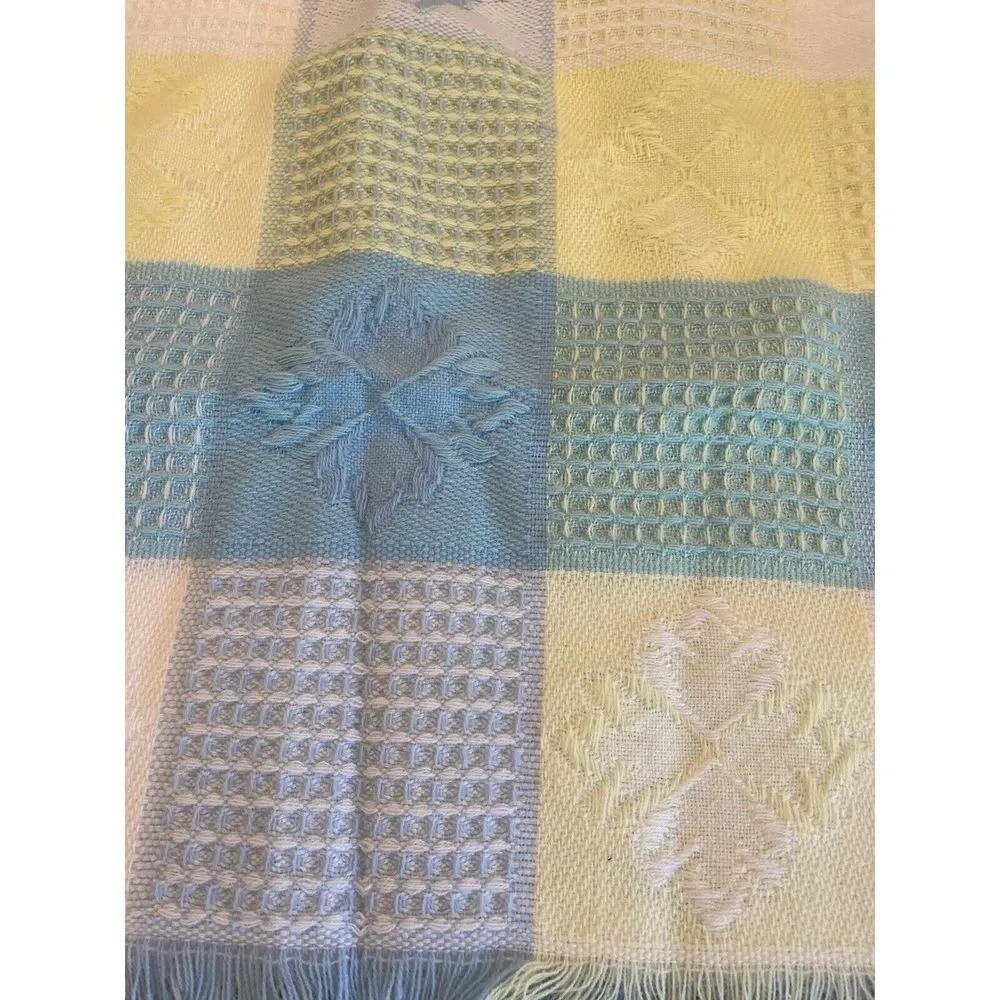 VTG FRIEMANIT Acrylic Boy Baby‎ Blanket Pastel Blue Yellow Squares Fringe Japan